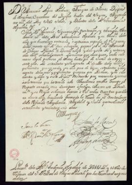 Orden del marqués de Villena del libramiento a favor de Manuel de Villegas Piñateli de 2117 reale...