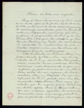 Carta de José María Samper a Manuel Tamayo y Baus en la que acusa recibo de su nombramiento como ...