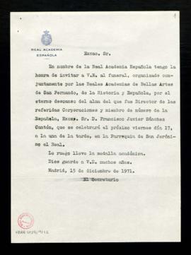 Copia sin firma del oficio del secretario, Alonso Zamora Vicente, con la invitación al funeral, o...