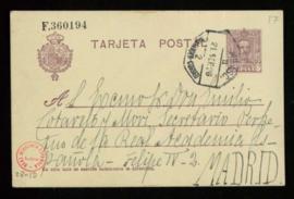 Tarjeta postal del conde de las Navas a Emilio Cotarelo y Mori en la que le dice que no sabe de q...