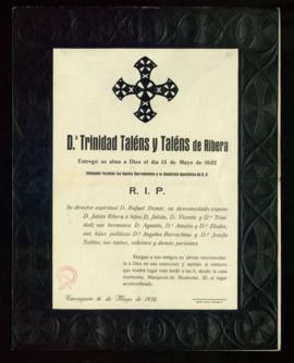 Recordatorio de la muerte de Trinidad Talens Talens de Ribera
