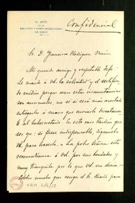 Carta de Antonio Alcalá Venceslada, jefe de la Biblioteca y Museo Arqueológico de Cádiz, a Franci...