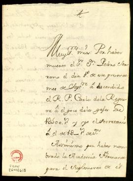 Carta orden del secretario, Pedro González, a los contadores con la indicación de que, por muerte...