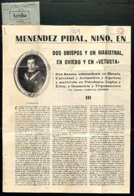 Recorte del diario Arriba con el artículo Menéndez Pidal, niño, en los cursos 1881-82 y 1882-83, ...
