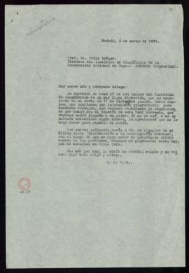 Copia sin firma de la carta de Julio Casares a Fritz Krüger en la que acusa recibo del tomo IV de...