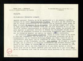 Carta de Pedro Sáinz Rodríguez a Melchor Fernández Almagro en la que le agradece su crítica en AB...