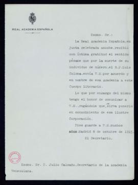 Minuta del oficio del secretario [Emilio Cotarelo] a Julio Calcaño, secretario de la Academia Ven...