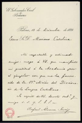 Carta de Rafael Álvarez Sereix a Mariano Catalina en la que le agradece el envío de un ejemplar d...