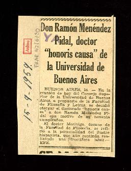 Recorte del diario Ya con la noticia Don Ramón Menéndez Pidal, doctor «honoris causa» de la Unive...