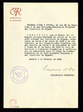 Certificación de Eugenio d'Ors, secretario del Instituto de España, de la jura de Miguel Artigas ...