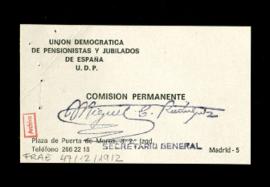 Tarjeta de Miguel C. Rodríguez, secretario general de la Comisión Permanente de Unión Democrática...