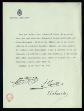 Propuesta de Rudolf Slabý como académico correspondiente extranjero