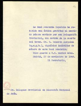Copia sin firma del oficio del secretario al delegado provincial de Educación Nacional de Jaén de...