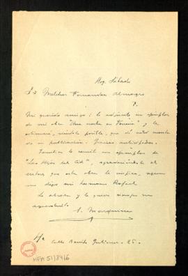 Carta de Eduardo Marquina a Melchor Fernández Almagro con la que le remite un ejemplar de Una noc...