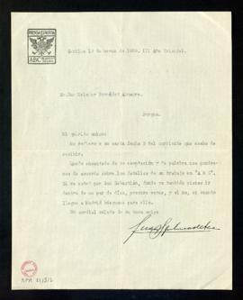 Carta de Juan Ignacio Luca de Tena a Melchor Fernández Almagro en la que le dice que ha quedado e...