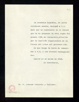 Copia sin firma del oficio del secretario a Armando Cotarelo y Valledor de comunicación de su des...