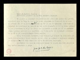 Carta de José M.ª de Cossío a Julio Casares, secretario, en la que le informa de que ha contestad...