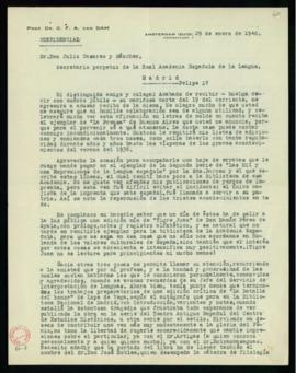 Carta de C. F. Adolf van Dam a Julio Casares en la que acusa recibo de su carta y le remite una h...