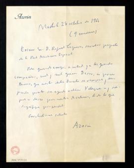 Carta de Azorín [José Martínez Ruiz] a Rafael Lapesa, secretario perpetuo, en la que le da las gr...