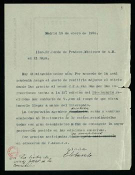 Minuta de la carta de Emilio Cotarelo al conde de Pradere, embajador en La Haya, con la que le re...