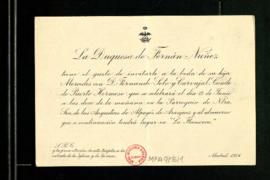 Invitación de la duquesa de Fernán Núñez a la boda de su hija Mercedes con Fernando de Soto y Car...