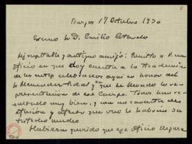 Carta de oficio Eloy García de Quevedo a Emilio Cotarelo con la que le remite un oficio sobre los...