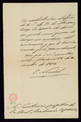 Carta de C[ándido] Nocedal al secretario [Manuel Tamayo y Baus] en la que acepta el encargo de co...