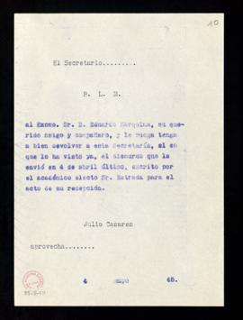 Copia del besalamano de Julio Casares a Eduardo Marquina en el que le ruega devuelva el discurso ...