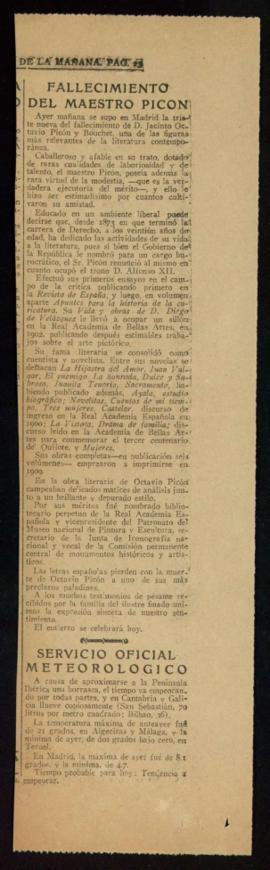 Recorte de prensa del diario ABC de 20 de noviembre de 1923, con la noticia del fallecimiento de ...