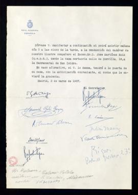 Consulta de Rafael Lapesa, secretario, a los académicos sobre su asistencia a la conducción del c...