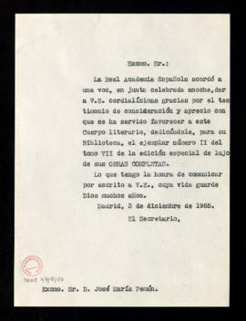 Copia sin firma del oficio de Rafael Lapesa a José María Pemán de traslado del agradecimiento de ...