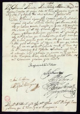 Orden del marqués de Villena del libramiento a favor de José Torrero y Marzo de 210 reales y 32 m...