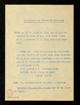 Copia de la orden del Ministerio de Educación Nacional por la que se dispone el cese de José Marí...