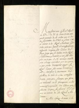 Carta de Antonio de Vargas y Laguna a Juan Crisóstomo Ramírez Alamanzón en la que confirma la ord...