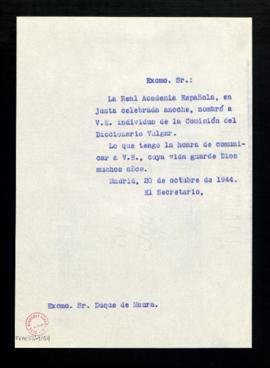 Copia sin firma del oficio del secretario al duque de Maura de traslado de su nombramiento como i...