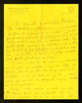 Carta de Ramón Gómez de la Serna a Melchor Fernández Almagro en la que le dice que ha leído su cr...