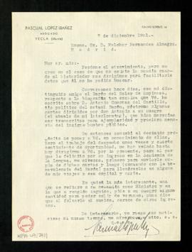 Carta de Pascual López Ibáñez a Melchor Fernández Almagro en la que le informa de la existencia d...