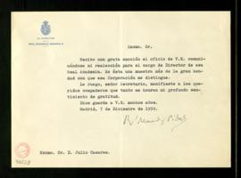 Carta de Ramón Menéndez Pidal a Julio Casares en la que expresa su emoción por haber sido reelegi...