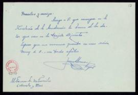 Nota de Juan Moneva y Puyol a Emilio Cotarelo en la que le pide que encargue a la secretaría la b...