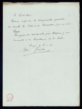 Carta de José Grinda al secretario, [Mariano] Catalina, de comunicación del fallecimiento de Edua...