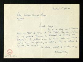 Carta de Ramón Nieto a Melchor Fernández Almagro con la que le envía una fotografía por si está e...
