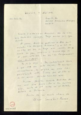 Carta de César González-Ruano a Melchor Fernández Almagro en la que le informa de que acaba de pu...