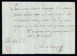 Recibo de Juan de Undajáuregui de 169 reales de vellón por ochenta pliegos copiados para la Academia