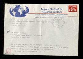 Telegrama de Miguel Mejía, secretario de la Academia Panameña, a Rafael Lapesa en el que le expre...