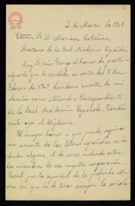 Carta de Hugo Alberto Rennert a Mariano Catalina en la que acusa recibo de su nombramiento como a...