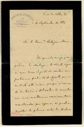 Carta de Antonio Aguilar y Cano a Francisco Rodríguez Marín en la que le agradece, a él y a Anton...