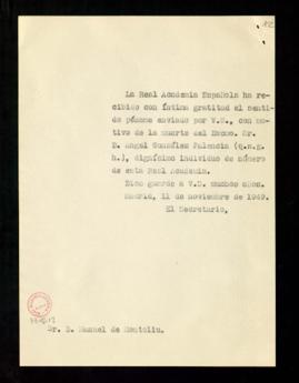 Copia sin firma del oficio del secretario a Manuel de Montoliu de traslado del agradecimiento por...