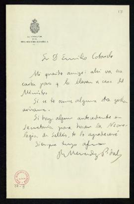 Carta del director, R[amón] Menéndez Pidal, al secretario, Emilio Cotarelo, con la que le remite ...