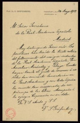 Carta de S[elly] Gräfenberg al secretario [Mariano Catalina] de pésame a la Academia por el falle...