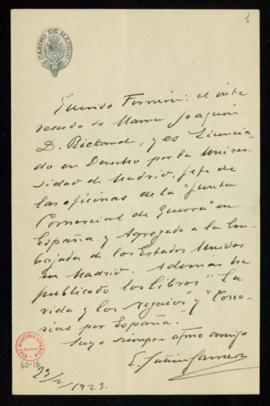 Carta de Emilio Gutiérrez Gamero a Fermín [Míguez] en la que le da noticias sobre Joaquín D. Rickard